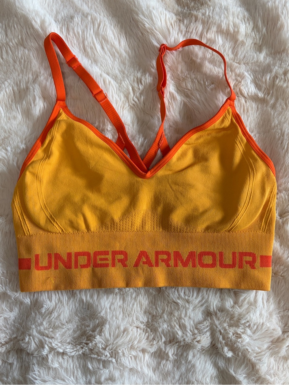 USED S soft Under Armour Yellow Sports Bra with Orange Trim - Seamless Support